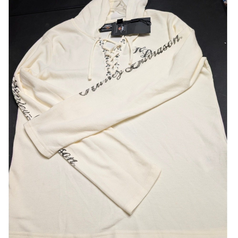Harley-Davidson Cream Skull Rhinestone Waffle Knit Lace Up Henley Hoodie NWT 2XL - Picture 3 of 10